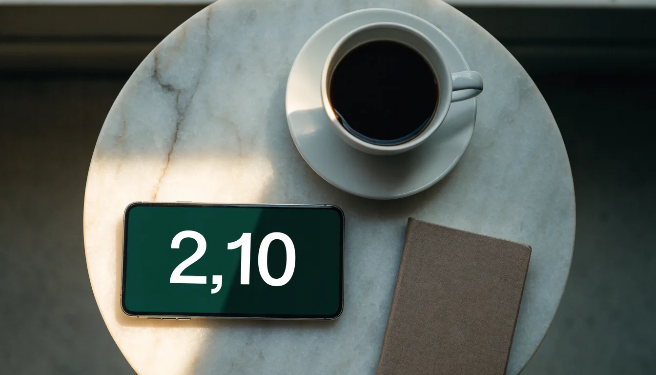 Ein Smartphone liegt mit schwarzem Display neben einer Kaffeetasse und einem Notizblock auf einem Café-Tisch.