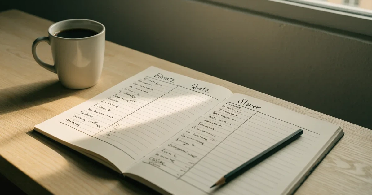 Ein aufgeschlagenes Notizbuch mit handgezeichneten Spalten und Strichen liegt neben einem Bleistift und einer Kaffeetasse auf einem Tisch am Morgen.